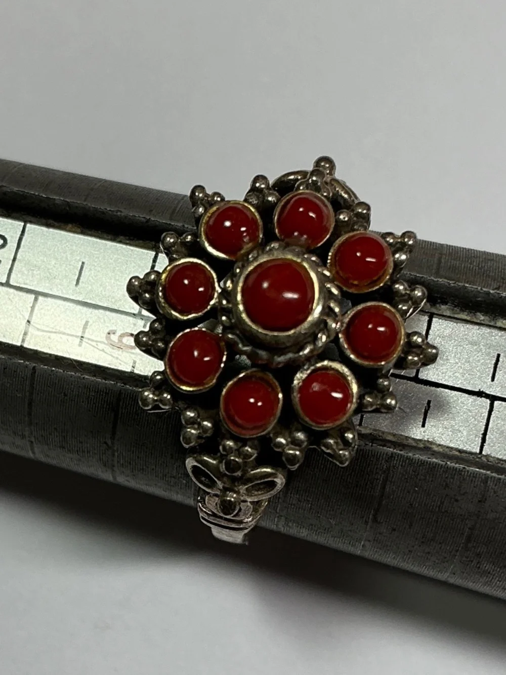 Sterling Silver Red Coral Cluster Ring. Size 6.5